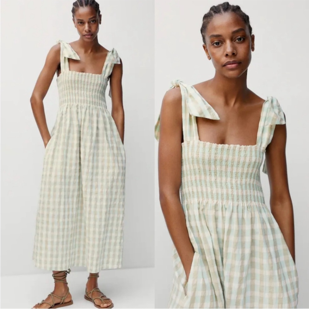Mango Green Checkered Midi Dress